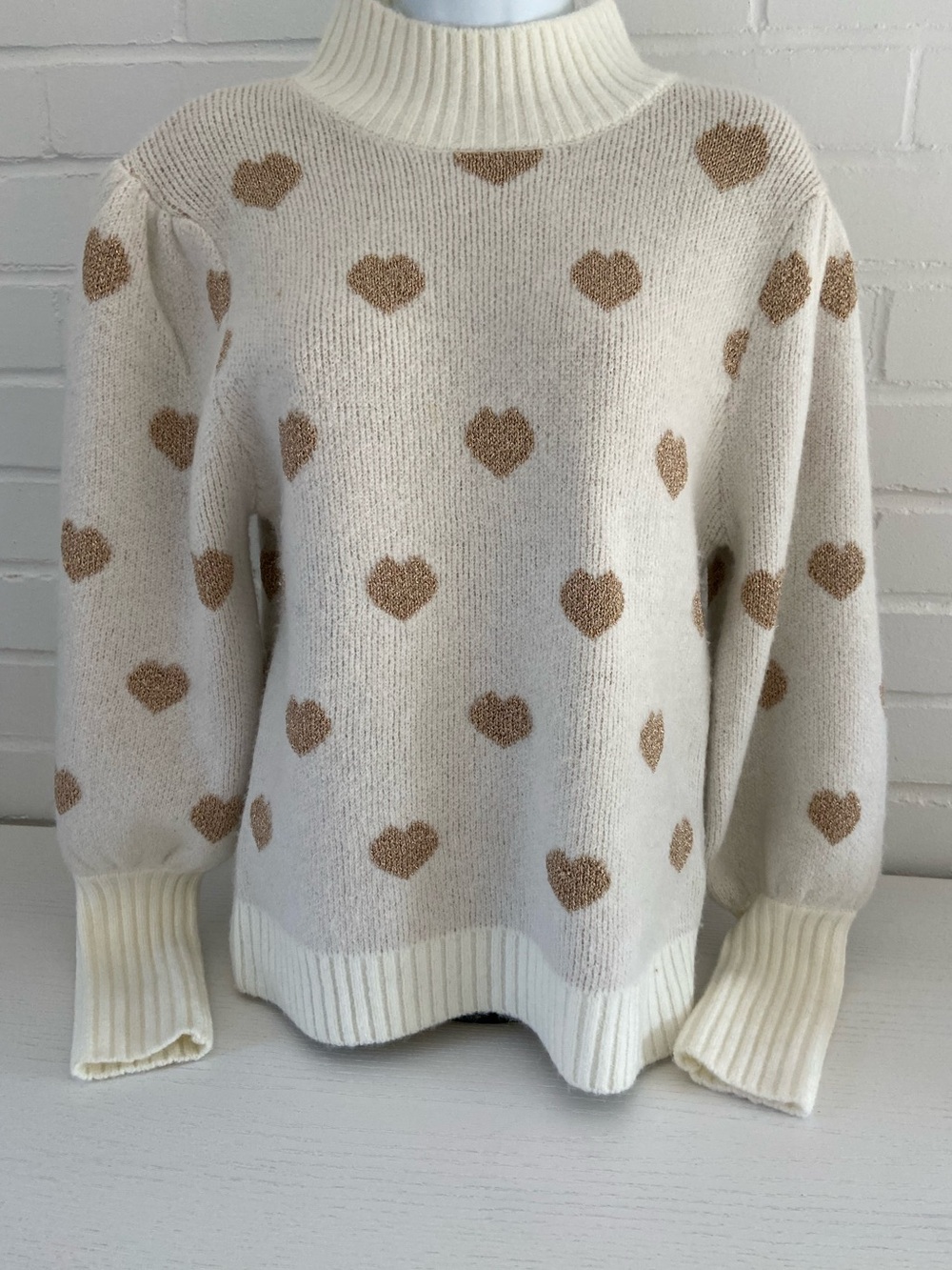 Anthropologie Size S Cream Sweater With Gold Hearts-Print Mock Neck Sweater